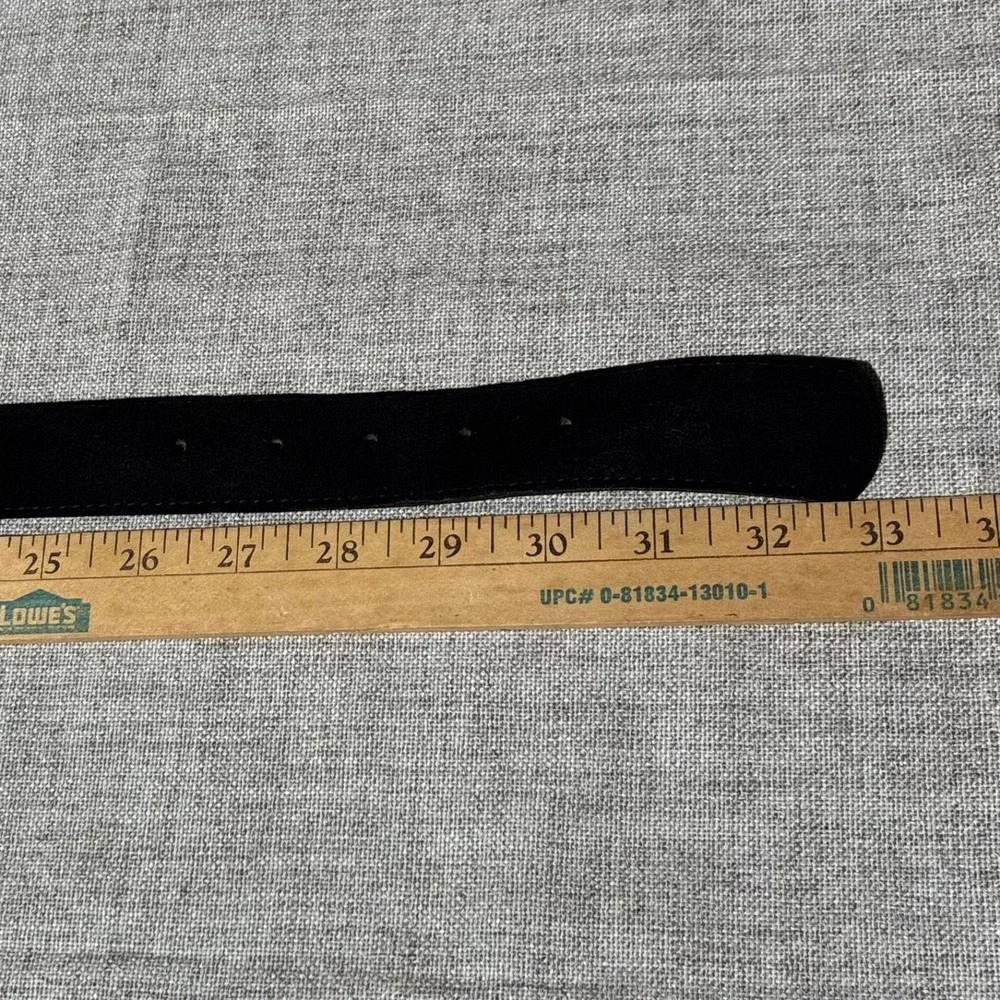 Vintage Black Suede Leather Belt Brass Scalloped Buckle Size 30 Made in USA 3527